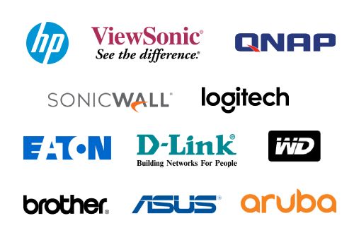 Logos de HP, ViewSonic, Qnap, SonicWall, Logitech, Eaton, D-link, Western Digital, Brother, Asus, Aruba