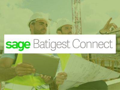 Logo de Batigest Connect sur fond de deux hommes au travail sur un chantier